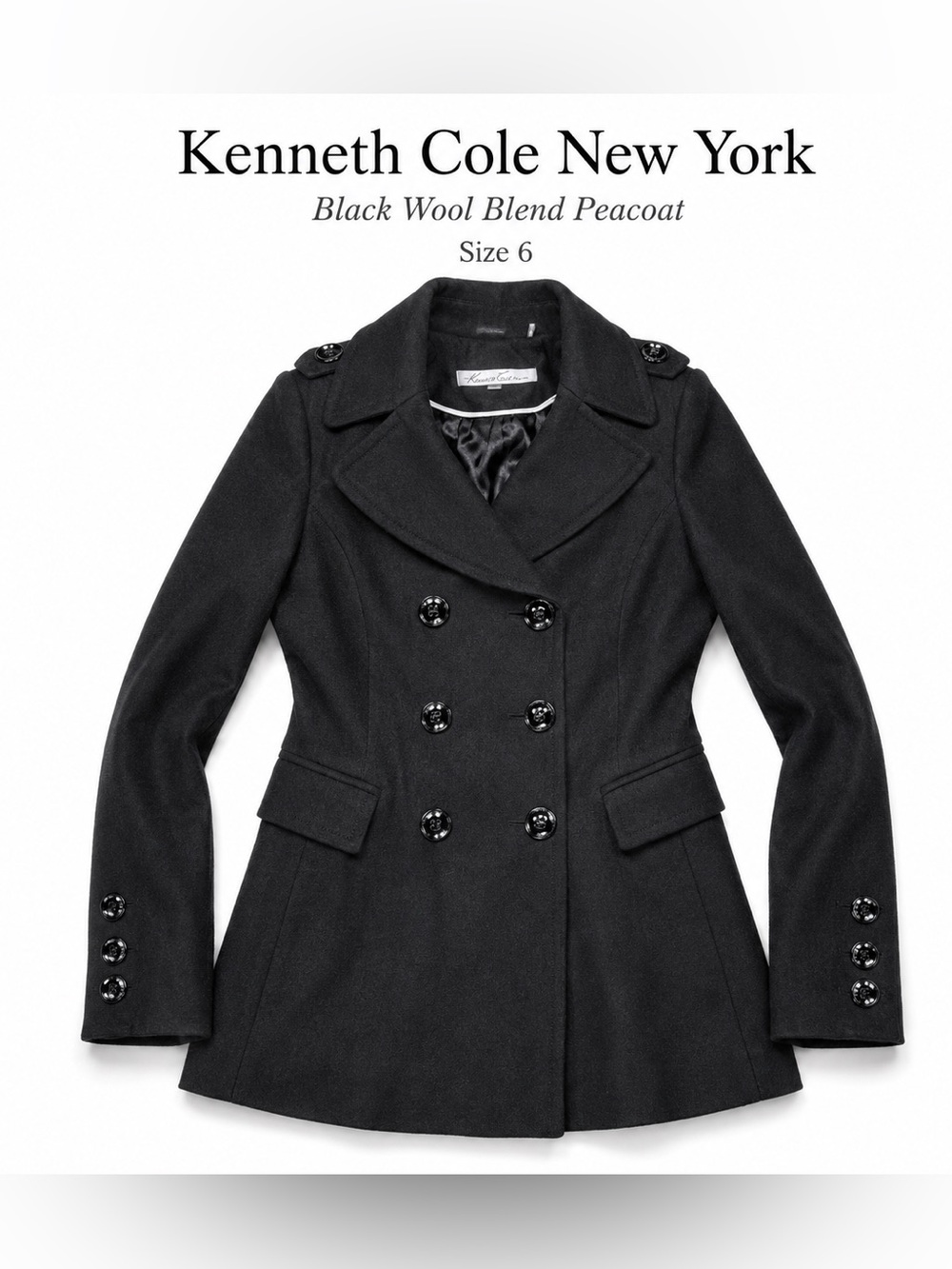 Kenneth Cole New York Black Wool Blend Peacoat Jacket Women’s Size 6
